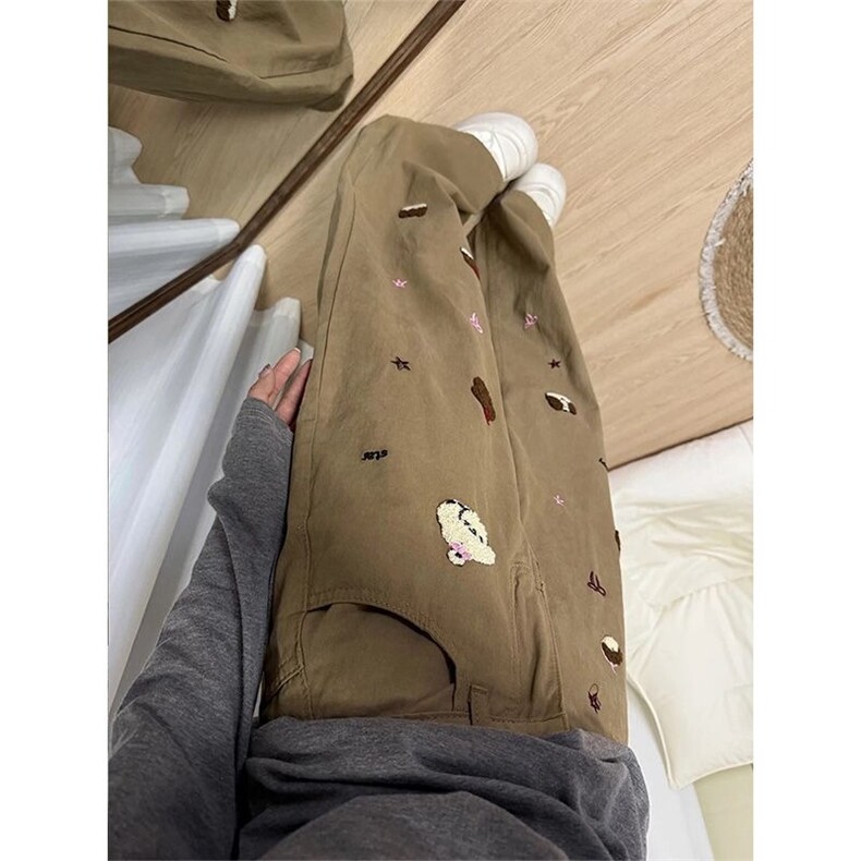 美拉德复古卡其色小熊刺绣牛仔裤女秋冬新款高腰显瘦直筒阔腿长裤,男装牛仔裤,星座813-2