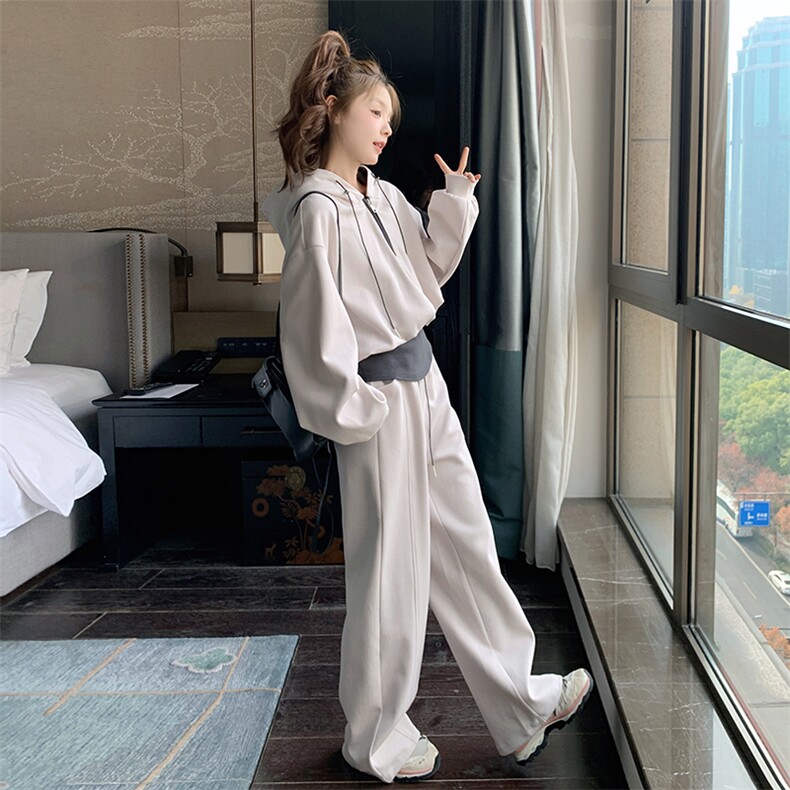 半拉链短款连帽卫衣配高腰束脚裤套装女2025春季新款高级感两件套,女装套装/套裙,2C305