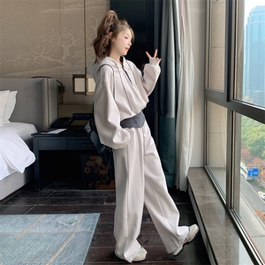 半拉链短款连帽卫衣配高腰束脚裤套装女2025春季新款高级感两件套图片