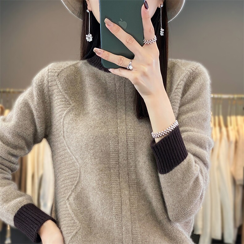 秋冬新款拼色100%羊毛衫女半高领菱形扭花羊绒衫宽松针织打底上衣,女装羊毛衫,邓利维