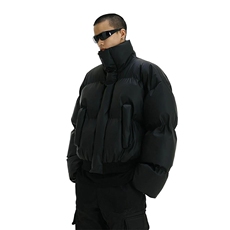 现货5W件冬季三防重磅硬挺boxy短款羽绒立领PU皮棉衣外套加厚棉服，男装棉衣，电商A486