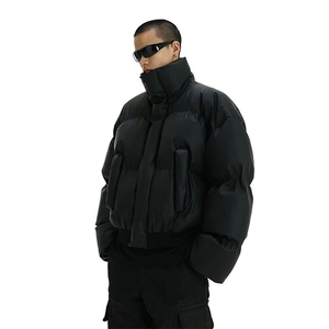 现货5W件冬季三防重磅硬挺boxy短款羽绒立领PU皮棉衣外套加厚棉服图片