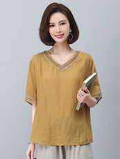 大码女装胖mm2025夏季宽松复古民族风刺绣苎麻小衫上衣休闲裤，女装T恤，悦见她