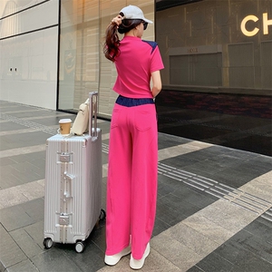 高级感时尚休闲运动套装女夏季洋气显瘦修身上衣高腰阔腿裤两件套图片