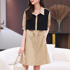 现货2023夏季新款腰间半抽绳假两件衬衫连衣裙，女装连衣裙，深水步