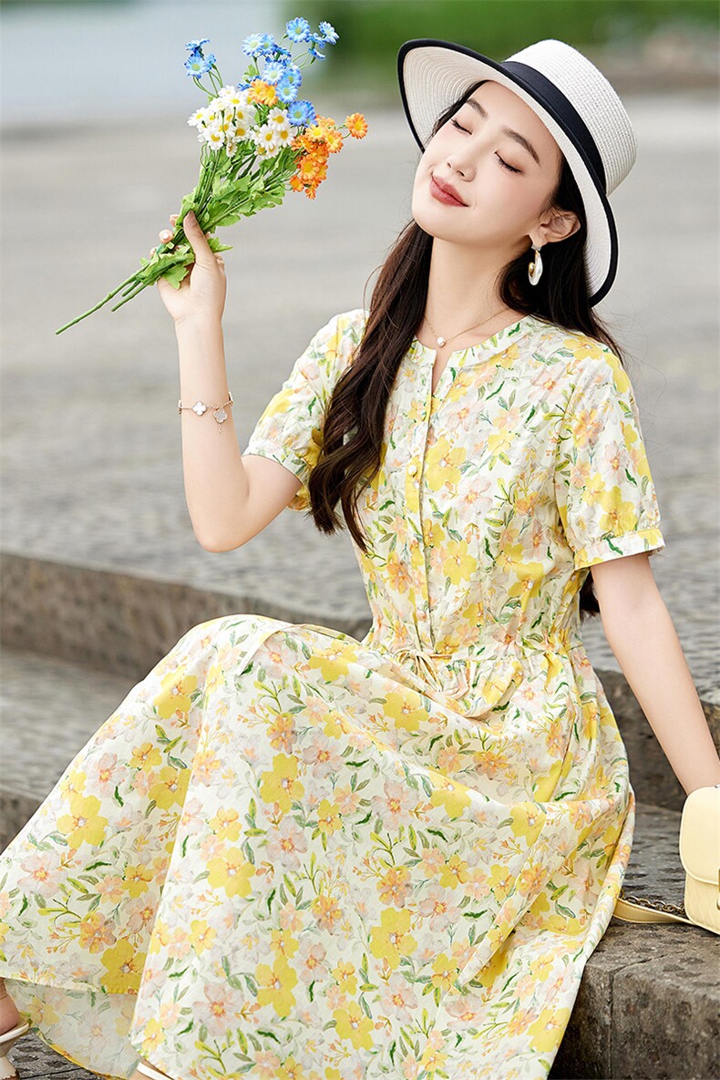 高档纯棉碎花连衣裙女夏2026新款气质度假风温柔减龄收腰显瘦裙子,女装连衣裙,倪叶myz