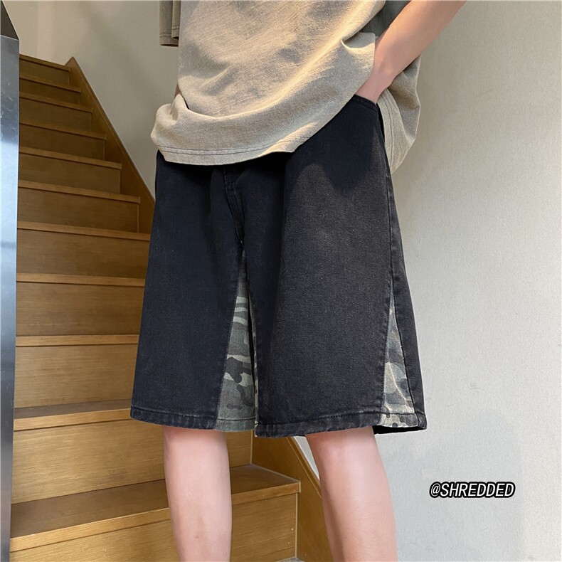 ins高街宽松直筒牛仔裤潮流迷彩拼接短裤B315-K23257-p45控58,男装牛仔裤,电商B315