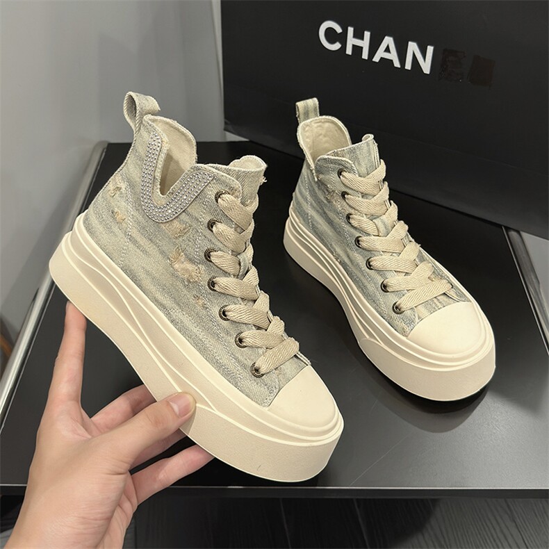 帆布鞋女韩版2023秋季新款镶钻时尚百搭单鞋运动休闲鞋厚底高帮鞋，女鞋帆布鞋，电商A223