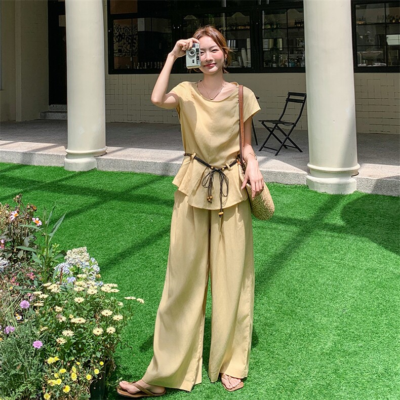休闲气质棉麻阔腿裤套装女夏2025新款两件套韩系夏日ootd穿搭,女装套装/套裙,2C159