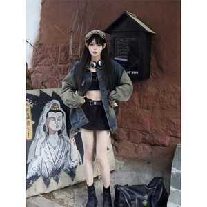 复古蓝水洗底特律牛仔夹克外套男女春季美式潮牌拼接设计机车服图片