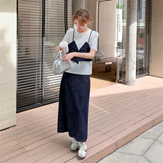 盐甜系穿搭白色假两件t恤套装女夏新款时尚洋气牛仔阔腿裤两件套，女装套装/套裙，1C151