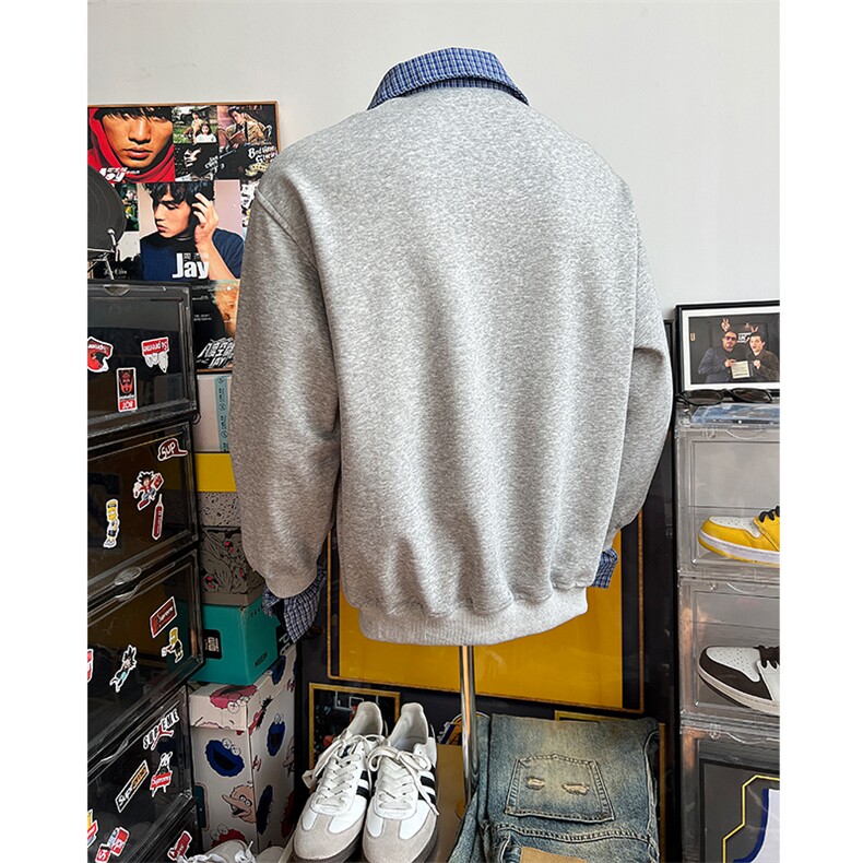 WY10-P5825春装假两件套头卫衣格子拼接上衣套头衫内搭,男装卫衣,电商B327