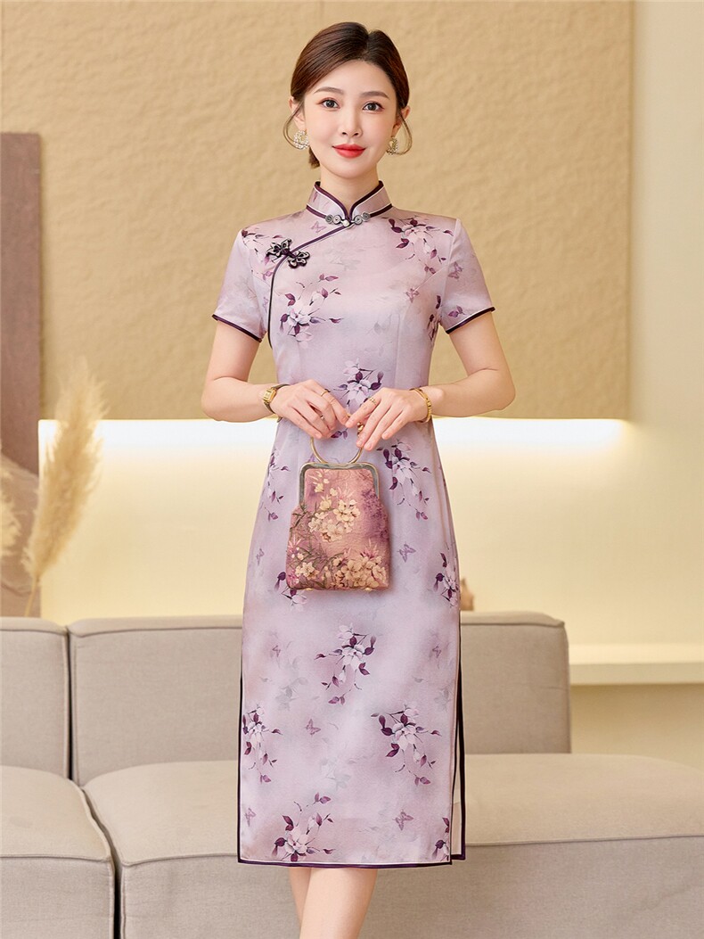 杭州品质真丝长裙复古印花连衣裙女春夏日常修身潮流真丝旗袍,女装汉服/婚纱/旗袍/礼服,小荷流
