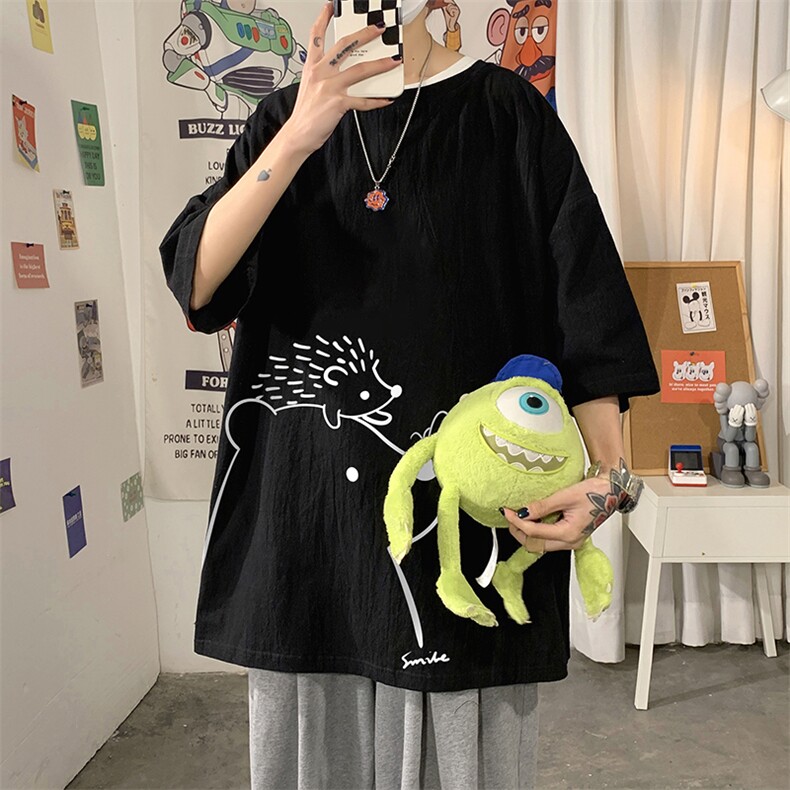 YT26166-P30亚麻短袖t恤男大码五分袖男宽松七分袖海报风,男装T恤,电商A040
