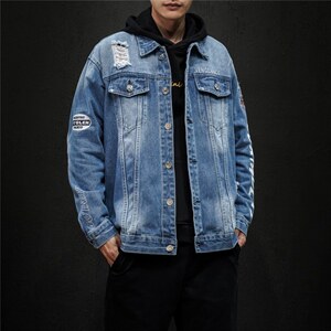 jk818-p80 M-5XL黑墙ins牛仔夹克绣花破洞大码男日系CITYBOY图片