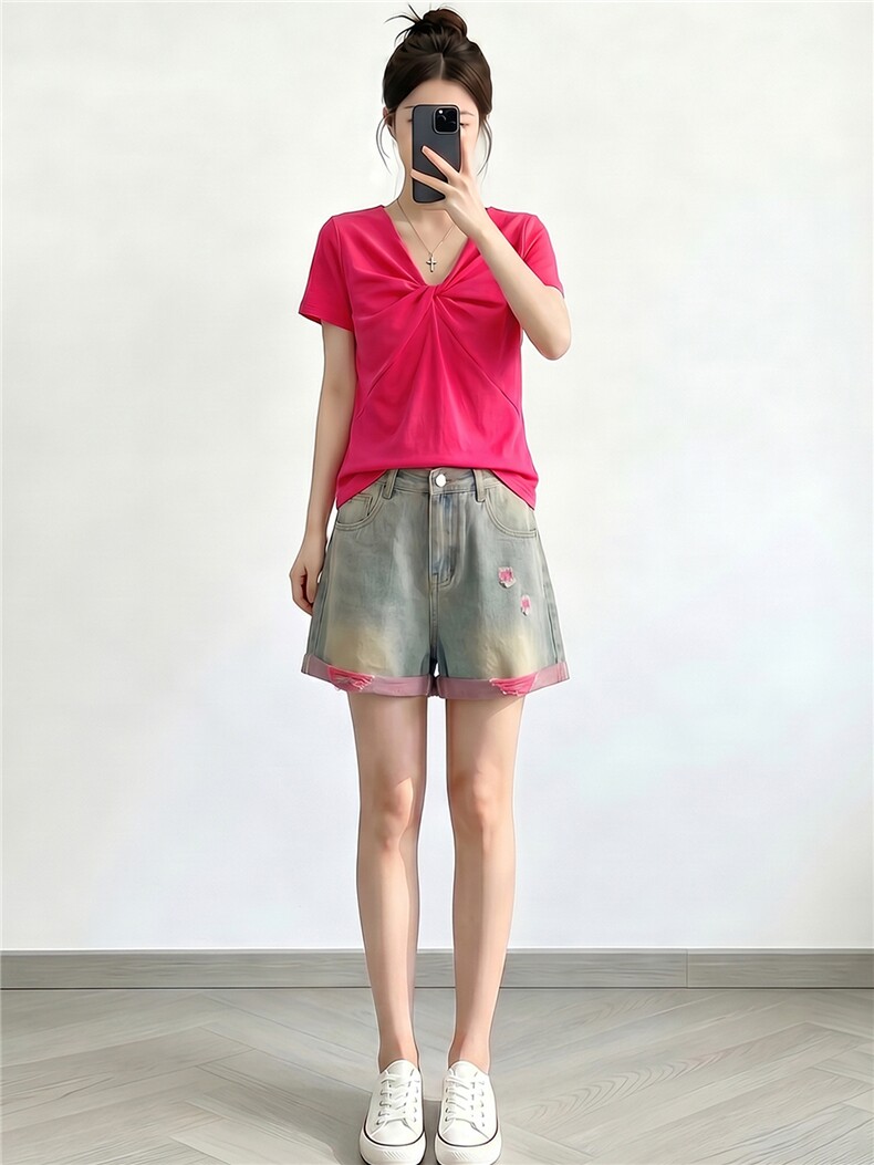 高级感时尚减龄穿搭女夏新款V领扭结设计短袖上衣牛仔短裤两件套,女装套装/套裙,江南