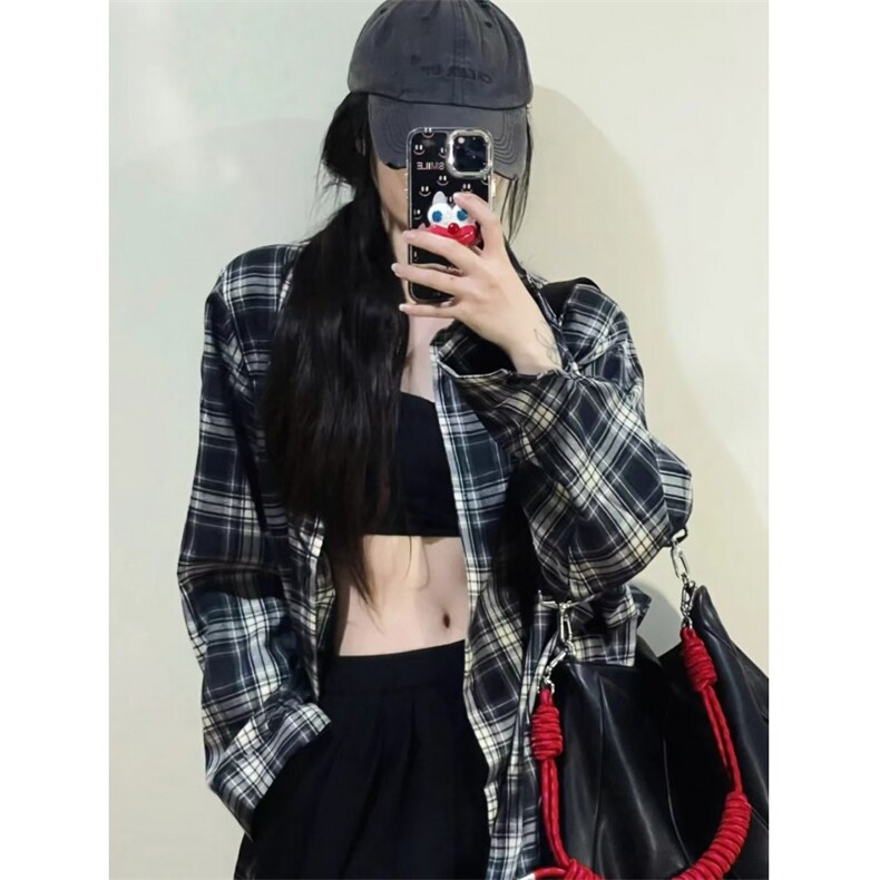 TC1002-P45复古长袖格子衬衫外套女季设计感小众宽松百搭翻领衬衣图片