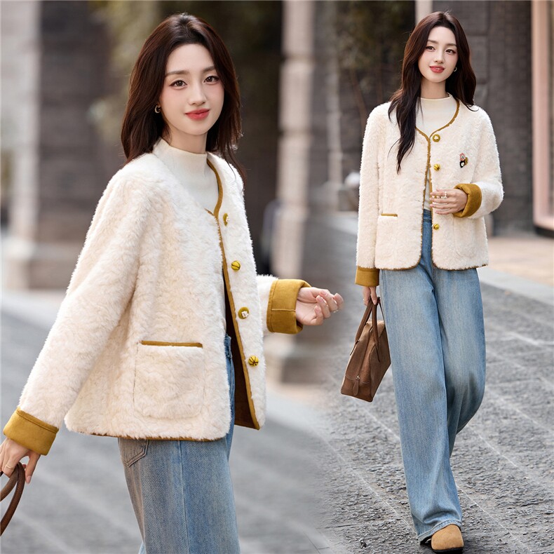 羊羔毛外套女2025秋冬季新款巨好看的韩系小香风短款chic皮毛一体,女装羊羔毛/颗粒绒,依如秀(原杭风阁)