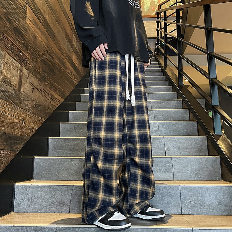 格子裤男女同款复古慵懒阔腿直筒休闲宽松情侣裤子HK52116P40,男装休闲裤,电商基地A086