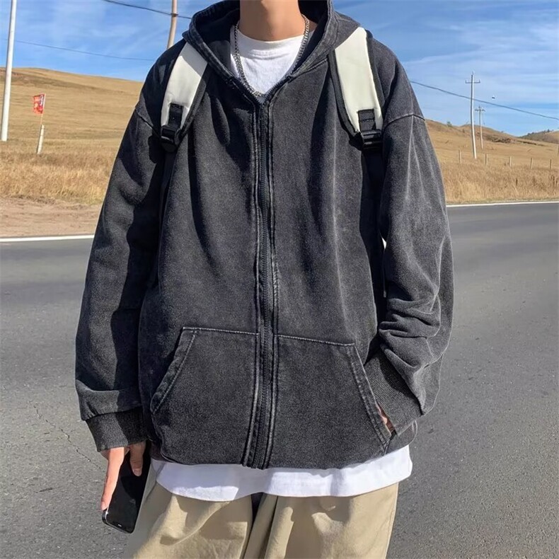水洗做旧开衫卫衣男潮牌痞帅连帽上衣春秋季宽松拉链外套A35/P62,女装短外套,星座506