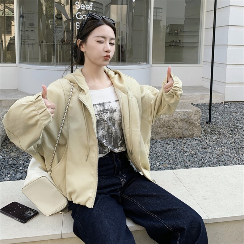 春装有货】奶黄色机车皮衣连帽休闲外套p165k268,女装短外套,2C295