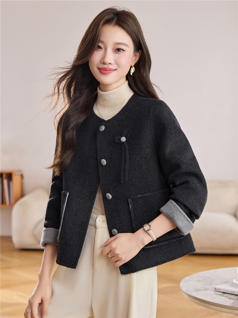 温柔紫色双面羊毛外套女2025秋冬短款圆领蝴蝶结洋气减龄毛呢大衣,女装毛呢外套,韩宇舍