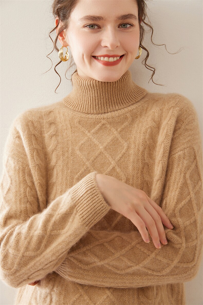重磅三股加厚~菱形设计羊绒衫女纯色高翻领针织毛衣2025冬季新款,女装羊绒衫,奥帆羊绒