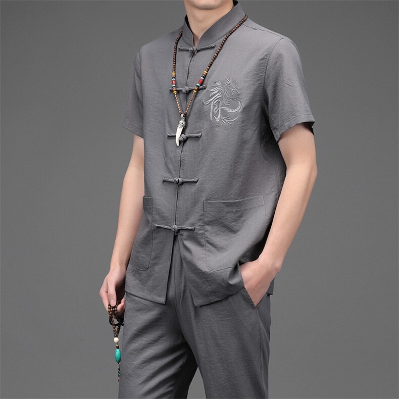 LM2083夏季男式薄款短袖风纽扣休闲套装中老年爸爸装唐装P111,男装休闲套装,电商B360