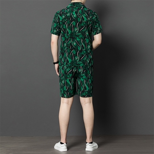 夏款短袖短裤薄款绸缎两件套男休闲高端潮套装图片