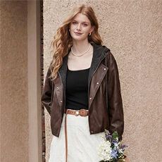 【春季女装新款】大量现货时尚连帽短款皮衣外套，女装皮衣，缘衣格