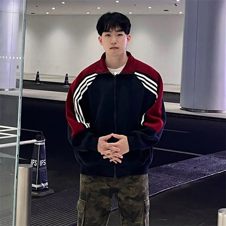 抖音得物高品质美式高街重磅结构织带拼接撞色立领卫衣外套CM41,女装短外套,电商A486-1