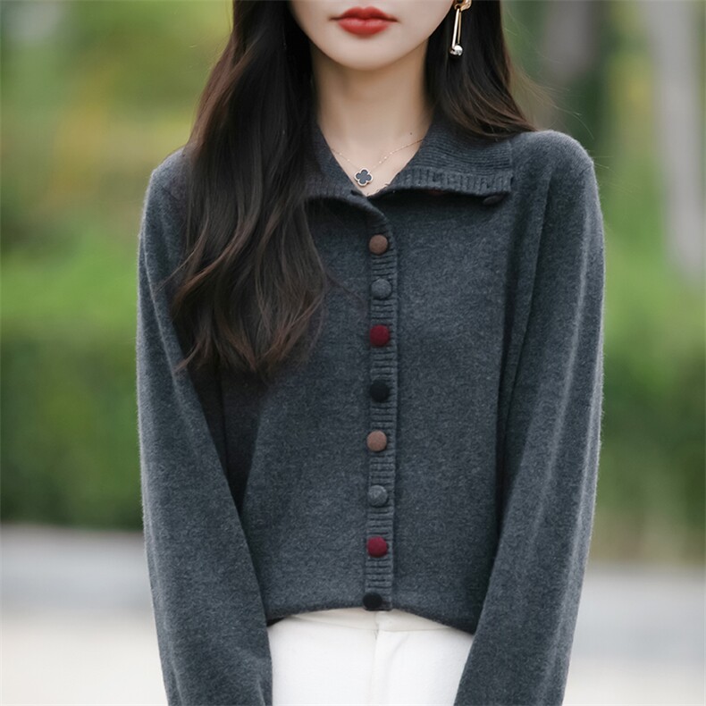 秋冬新款高领彩扣100羊毛针织开衫外套女宽松加厚毛衣外搭上衣,针织衫/毛衣,佳绒包芯纱店