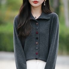 秋冬新款高领彩扣100羊毛针织开衫外套女宽松加厚毛衣外搭上衣，女装针织衫/毛衣，佳绒包芯纱店