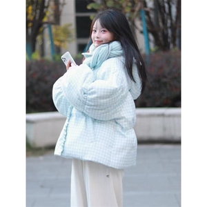 1506-1/M78271/P92女生学院风蓝白色格纹连帽外套棉服图片