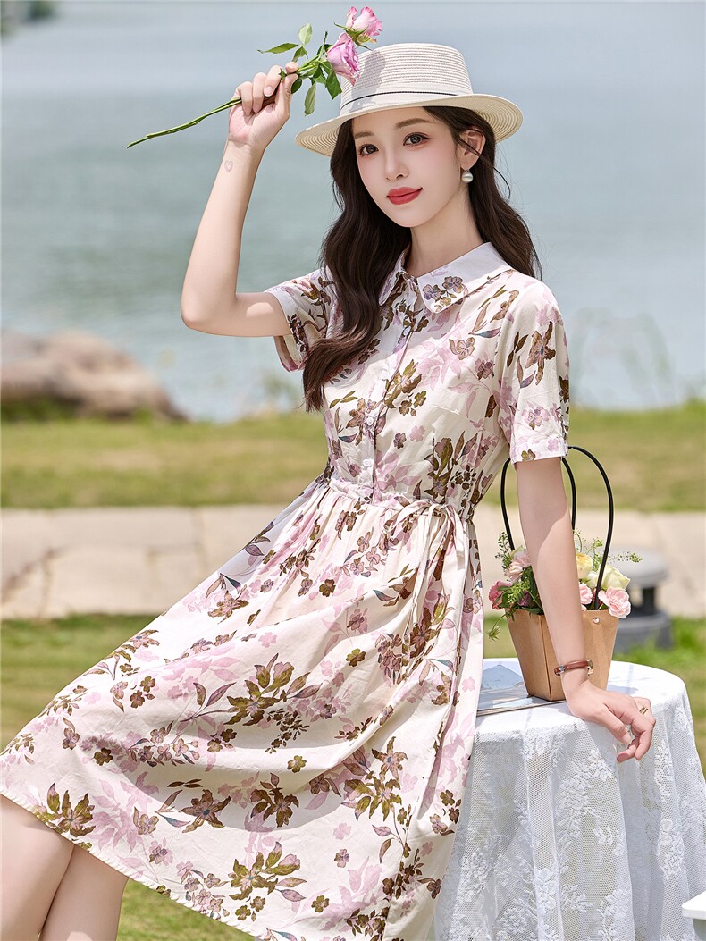 时尚舒适印花连衣裙2026夏季新款显瘦修身棉麻裙子2730,女装连衣裙,罗得堡