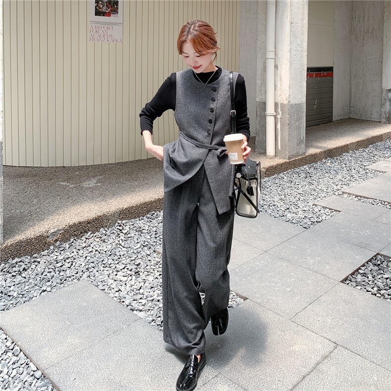韩系灰色西装马甲两件套女2025春秋季新款高级感显瘦阔腿长裤套装，女装套装/套裙，浙宝069