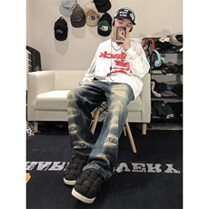 2022牛仔裤男潮ins高街宽松秋冬休闲裤子313A-1-NZ024-P65控78，男装牛仔裤，星座808A-1