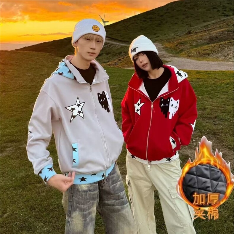 美式星星猫咪刺绣设计感连帽加绒卫衣男女秋冬宽松开衫外套上衣服,女装短外套,星座516A