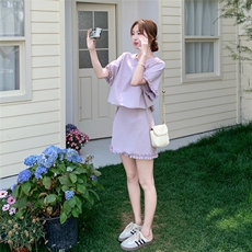 韩系高级感夏季套装女2025新款木耳边拼接收腰短袖上衣半身裙套装，女装套装/套裙，2C050