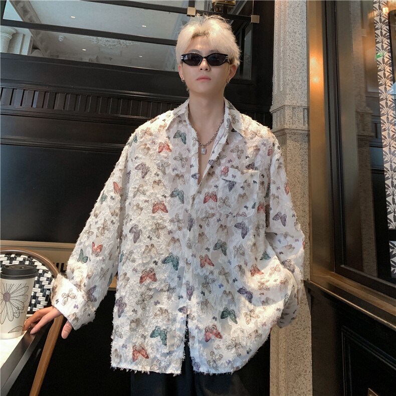 风复古小众设计蝴蝶流苏毛边情侣长袖衬衫宽松高级感衬衣特p48,男装衬衫,电商C307A