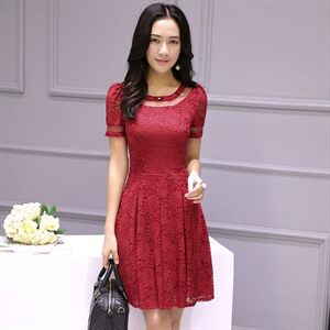 优雅红色蕾丝连衣裙显瘦修身时尚气质甜美淑女风
