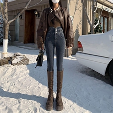 超高腰烟灰色弹力收腹紧身小脚牛仔裤女提臀显瘦修身黑色铅笔裤，男装牛仔裤，星座1210-1