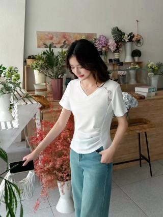 2025百搭简约蕾丝刺绣褶皱半袖,女装T恤,雪兔电商全品类