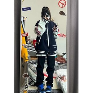 美式街头学院风字母棒球服女冬季开衫外套夹克上衣潮 JK150图片
