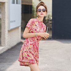 新中式国风套装女2025夏新款印花改良旗袍上衣短裤气质减龄两件套，女装套装/套裙，美沁