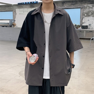 韩版潮流宽松百搭休闲帅气拼色港风夏季短袖衬衫男衬衣 W761-P38图片