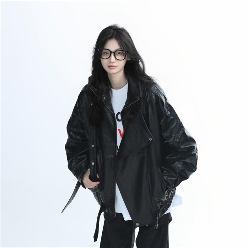 PU9152-P70美式复古重磅黑色PU皮衣外套女设计感宽松机车服夹克,男装皮衣,电商B323A
