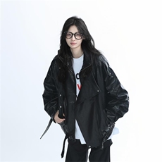 PU9152-P70美式复古重磅黑色PU皮衣外套女设计感宽松机车服夹克，男装皮衣，电商B323A