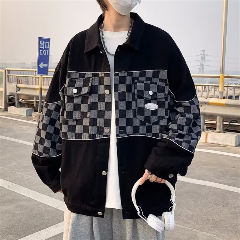 男秋季外套潮牌街头棋盘格反光条牛仔外套W99P65图片