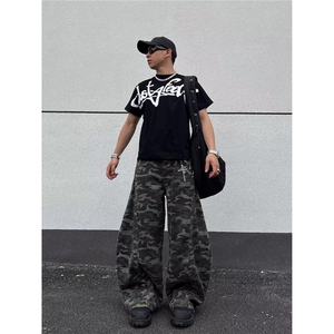 美式复古迷彩弯刀牛仔裤男女宽松休闲情侣阔腿拖地长裤NA7015-P55图片